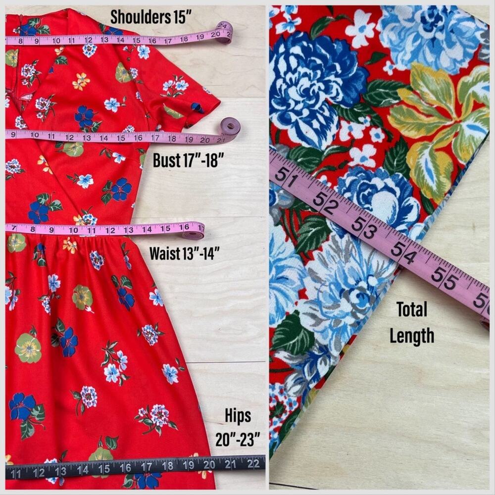 Vintage 1970s Red Floral Short Sleeve Maxi Dress - Picture 7 of 8
